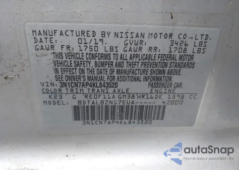 2019 Nissan Versa 1.6 Sv from USA, damaged, VIN 3N1CN7AP4KL843520